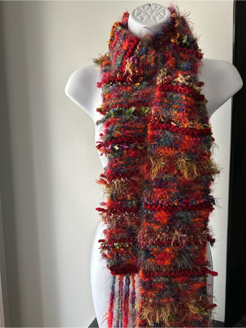 Multicolor Hand-Knit Textured Scarf - Red & Orange Tones